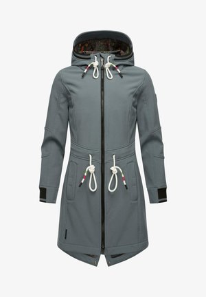 Gray outdoor jacket with a zip front, drawstring hood, and colorful accents. Features two side pockets and fitted cuffs with black trim.