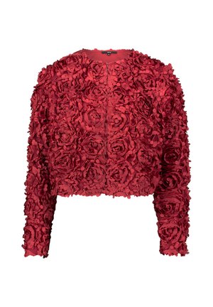 Rood cropped jasje met een bloemmotief met verhoogde stoffen rozen, lange mouwen en een ronde halslijn. Getextureerd met een zachte afwerking.