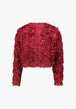 Piros, rövidített fazonú dzseki virágmintával, domború szövet rózsákkal, hosszú ujjakkal és kerek nyakkivágással. Lágy tapintású textúrával.