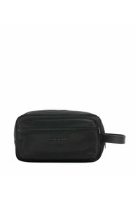 Borsa da toeletta nera in nylon con forma rettangolare, chiusura con zip e manico laterale. Presenta un logo in rilievo sul davanti per il branding.