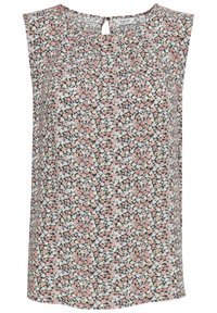 Top senza maniche floreale con sfondo nero ornato di piccoli fiori rosa, bianchi e blu, colletto rotondo e dettagli a chiave sul retro.