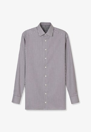 Camicia a righe con linee verticali blu navy e bianche, maniche lunghe, bottoni sul davanti e colletto classico. Tessuto di cotone dalla texture liscia.