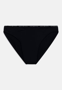 Svart bikiniunderdel i slät tyg, med en låg midja och en kontrasterande resår med varumärket "TOMMY HILFIGER".