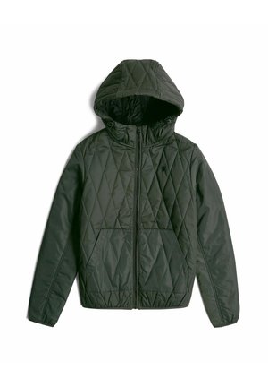 Quilted green jacket with a hood, featuring a front zipper, two side pockets, and textured fabric for warmth and durability.