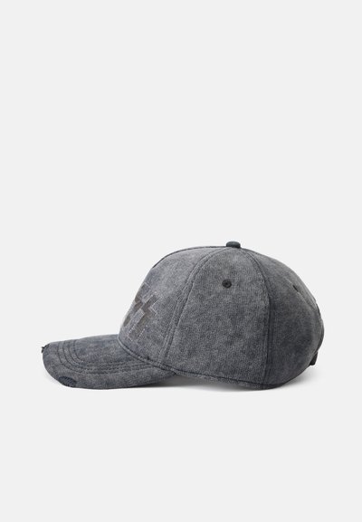 Gray baseball cap made of textured fabric with a curved brim. Features a stitched lightning bolt design in the front and a button on top.
