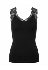 Svart tank topp med blonder detaljer langs stroppene og utringningen. Myk stoff med en tettsittende silhuett og v-hals design.