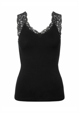 Black tank top featuring lace accents along the straps and neckline. Soft fabric with a fitted silhouette and v-neck design.