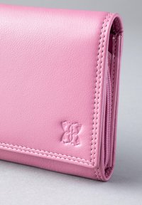Pink leather wallet with a textured finish, featuring a stitched border and embossed logo detail. Zipper pocket on the side.