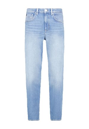 Hellblaue Jeans aus Denim mit schlanker Passform, ausgestattet mit einem Fünf-Taschen-Design, Gürtelschlaufen und kontrastierenden Nähten entlang der Nähte.