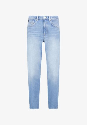 Hellblaue Jeans aus Denim mit schlanker Passform, ausgestattet mit einem Fünf-Taschen-Design, Gürtelschlaufen und kontrastierenden Nähten entlang der Nähte.