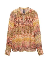 Blusa a maniche lunghe con un motivo paisley multicolore in rosa, giallo e marrone, con scollatura arricciata e delicate pieghe.