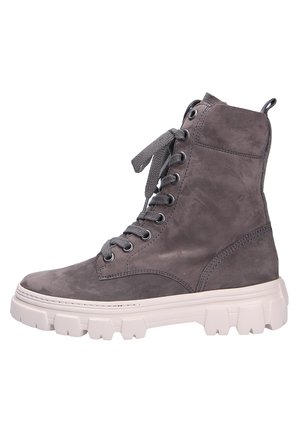 High-top gray leather lace-up boot with thick white rugged sole and fabric pull tab at the back.
