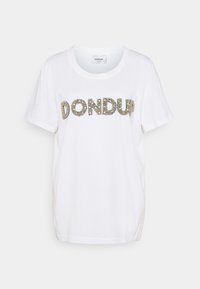 White cotton t-shirt featuring a silver glitter "DONDUP" graphic on the front, short sleeves, and a relaxed fit.