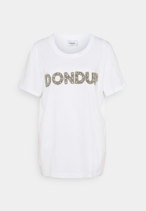 White cotton t-shirt featuring a silver glitter "DONDUP" graphic on the front, short sleeves, and a relaxed fit.