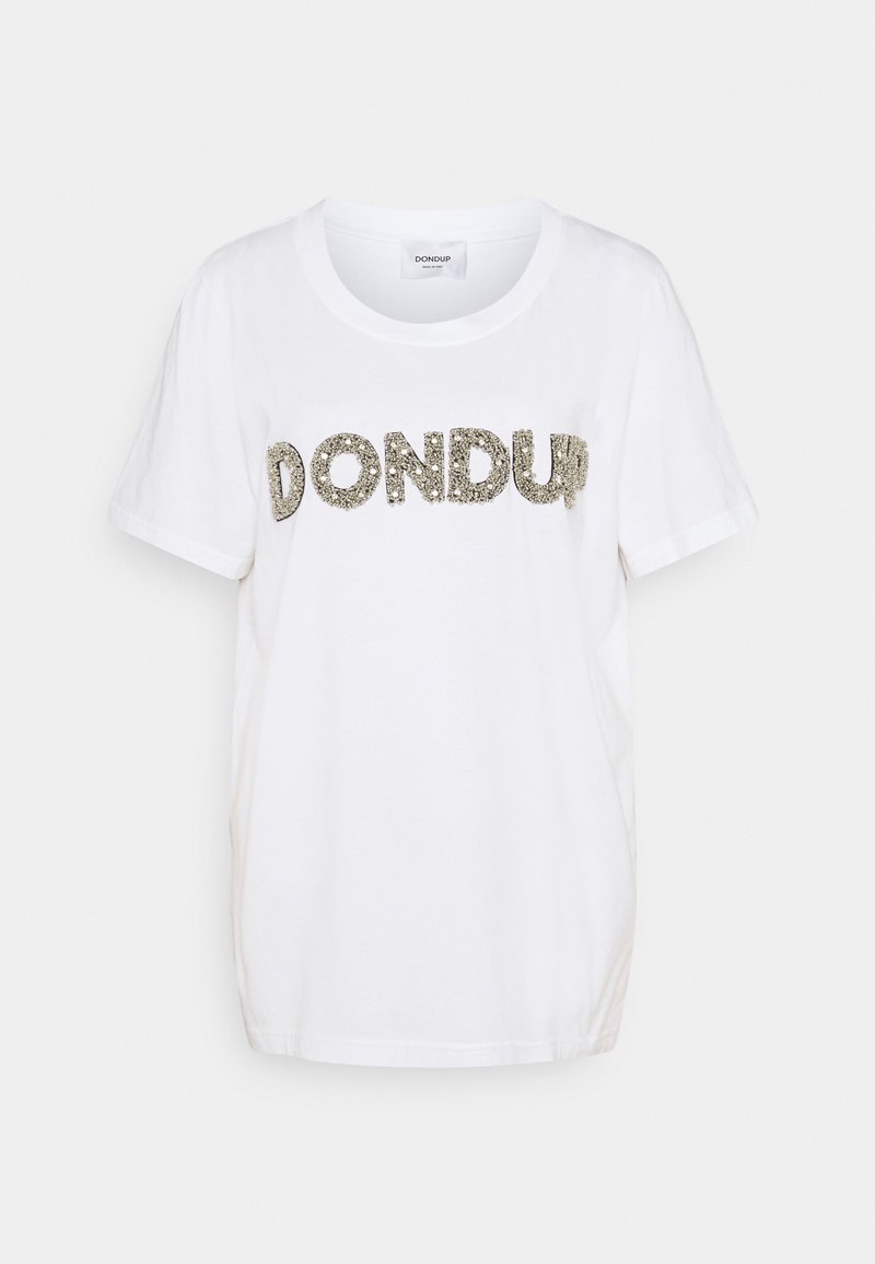 White cotton t-shirt featuring a silver glitter "DONDUP" graphic on the front, short sleeves, and a relaxed fit.