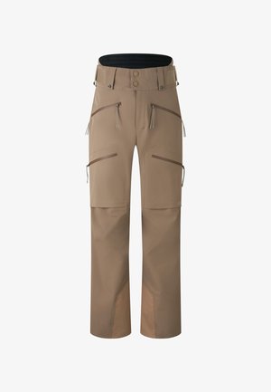 Beige outdoorbroek met meerdere ritssluitingen aan de zakken, versterkte knieën, verstelbare tailleband en een gladde, matte afwerking.