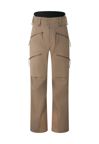 Beige Outdoor-Hose mit mehreren Reißverschlusstaschen, verstärkten Knien, verstellbarem Bund und glatter, matter Oberfläche.