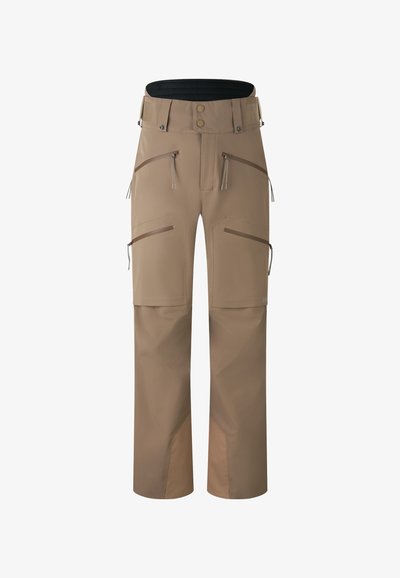 Beige Outdoor-Hose mit mehreren Reißverschlusstaschen, verstärkten Knien, verstellbarem Bund und glatter, matter Oberfläche.