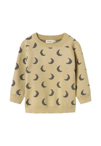 Hellbeige Pullover aus weichem Strickstoff mit einem grauen Halbmondmuster. Er hat einen runden Ausschnitt und lange Raglanärmel.
