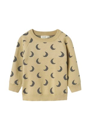 Hellbeige Pullover aus weichem Strickstoff mit einem grauen Halbmondmuster. Er hat einen runden Ausschnitt und lange Raglanärmel.