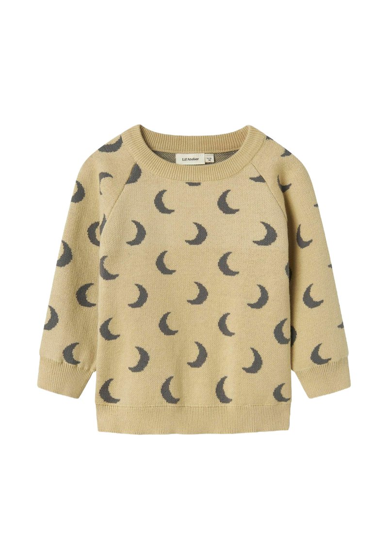 Hellbeige Pullover aus weichem Strickstoff mit einem grauen Halbmondmuster. Er hat einen runden Ausschnitt und lange Raglanärmel.