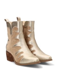 Botines de ante y metal dorado con punta afilada, detalles texturizados, diseño recortado y tacón bajo apilado, con cremallera lateral.