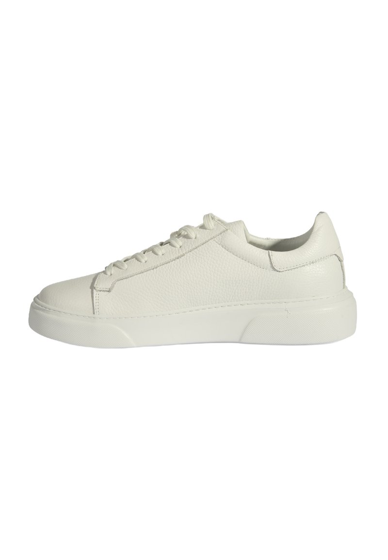 White leather sneaker with textured surface, round toe, and lace-up design. Rounded sole, minimalist style, and smooth accents.