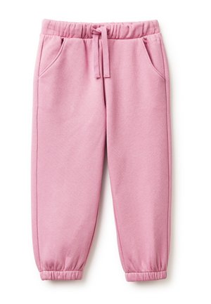 Růžové bavlněné tepláky s elastickým pasem, stahovací šňůrkou, bočními kapsami a úzkými manžetami na kotnících. Hladký povrch.