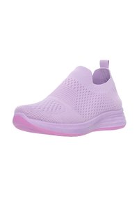 Hellblau-lila Slip-On Schuh mit einem atmungsaktiven Strick-Obermaterial, texturiertem Design, elastischem Kragen und einer gepolsterten, leicht erhöhten rosa Sohle.