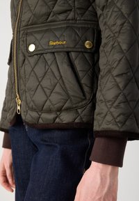 Gequilte olijfgroene jas met een gouden rits en hardware, voorzien van een bruine geribbelde manchet en een opvallende voorzak met het 'Barbour'-logo.