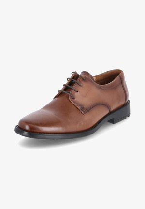 Chaussure habillée en cuir marron avec une finition lisse, bout arrondi et un laçage à quatre œillets. Présente une semelle en caoutchouc noire et des accents de couture discrets.