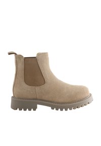 Beige ruskind Chelsea-støvle med elastiske sidelommer, en trækskærm og en robust gummisål med dybe riller for godt greb.