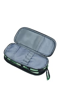 Borsa di stoccaggio con zip, esterno nero, motivo verde e interno grigio. Presenta una tasca in rete e cinghie elastiche per l'organizzazione.