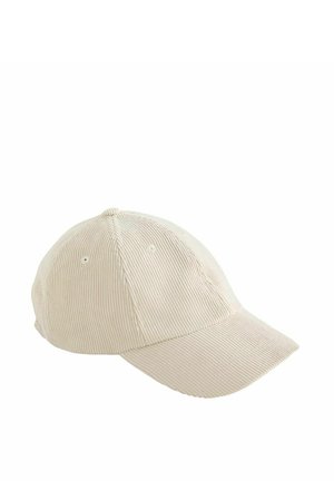 Beige Cord-Baseballkappe mit geschwungenem Schirm und Belüftungsösen vor weißem Hintergrund.