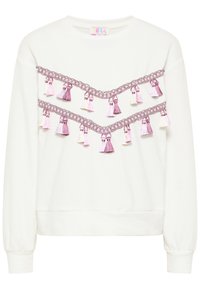 Felpa bianca con un design decorativo impreziosito da frange rosa e viola e un bordo intrecciato sul petto. Maniche lunghe con polsini a costine.