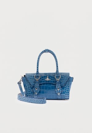 Blue crocodile-patterned handbag with double handles, front flap, silver studs, and detachable shoulder strap on white background.
