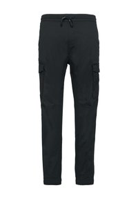 Zwarte cargo broek van lichtgewicht materiaal, met een elastische tailleband, trekkoord en zijzakken. Tapered leg ontwerp.