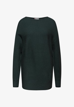 Suéter de color verde oscuro con un escote amplio, mangas largas y un corte relajado. Fabricado en material de punto suave. Sin herrajes ni patrones visibles.