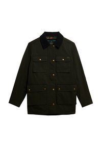 Chaqueta de tela verde oscuro con un cuello negro, botones frontales y cuatro bolsillos de parche. Presenta un diseño acolchado con acentos de hardware dorado.