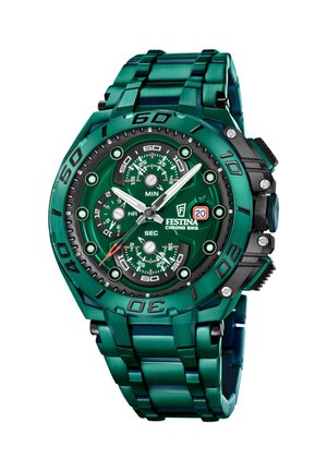 Zeleni sat Festina Chrono Bike od nehrđajućeg čelika s tri podbrojčanika, prozorom za datum, rotirajućim okvirom i luminiscentnim kazaljkama i oznakama.