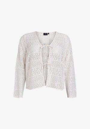 Cardigan in pizzo di un beige chiaro con una vestibilità ampia, chiusura sul davanti con lacci e intricati motivi perforati in tutto il capo. Maniche lunghe completano il design.