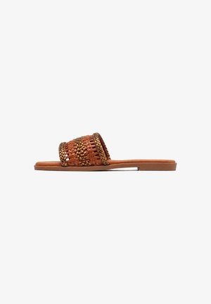 Brauner flacher Slide-Sandal mit geflochtenem Lederobermaterial und goldenem geflochtenem Besatz, von der Seite auf weißem Hintergrund gezeigt.