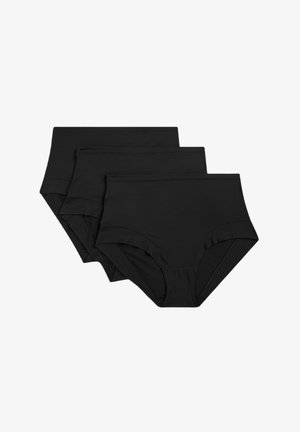 Schwarze Baumwoll-Stretch-Panties im Dreierpack. Vollständige Abdeckung mit einem glatten Bund und ohne sichtbare Nähte. Weiche Textur.