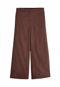 Brązowe, szerokie szorty typu culottes z elastycznym pasem. Wykonane z gładkiego, lekkiego materiału, charakteryzujące się prostym wzornictwem i brakiem widocznych wzorów.