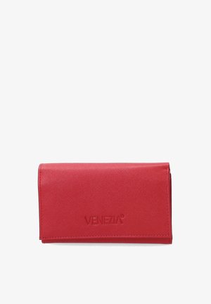 Red wallet made of textured synthetic material, featuring a fold-over design and embossed "VENEZIA" logo on the front.