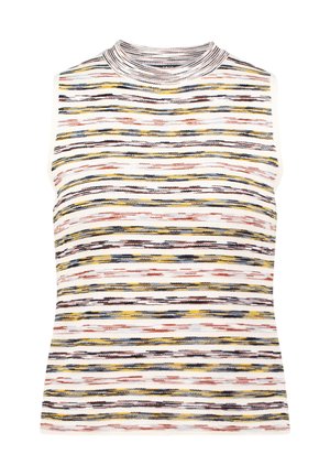 Sleeveless, fitted top in a multicolored striped pattern with shades of yellow, blue, red, and brown on a white background; ribbed collar.