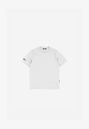 White cotton t-shirt with short sleeves, crew neck, and a small black logo stitched on the left sleeve. Simple and smooth texture.