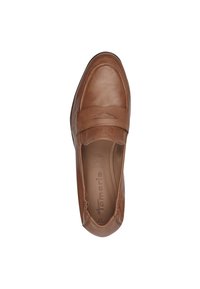 Brown leather slip-on shoe with a smooth finish, rounded toe, and decorative stitching on the vamp. Flexibly designed for comfort.