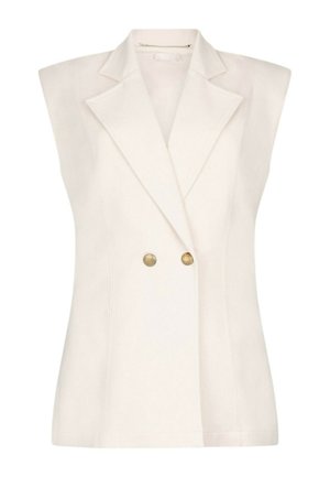 Blazer bianco senza maniche con spalle larghe imbottite, rever a incavo, vita sagomata e due bottoni dorati sul davanti.