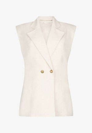 Blazer bianco senza maniche con spalle larghe imbottite, rever a incavo, vita sagomata e due bottoni dorati sul davanti.